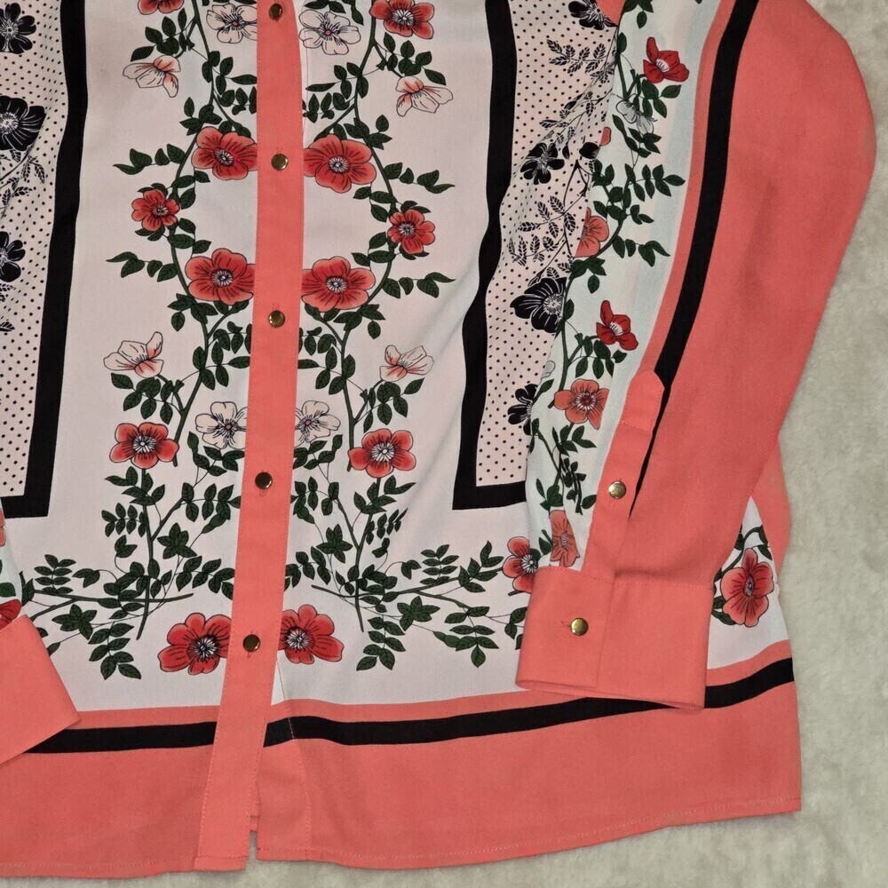 Liz Claiborne Career Floral Button Blouse Women’s Medium Long Sleeve Coral Black - Picture 2 of 10